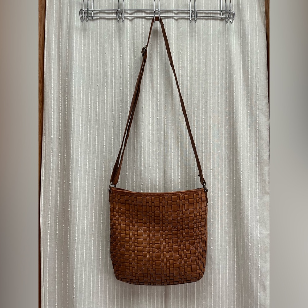 Vilenca Holland Anthropologie Woven Leather Crossbody Bag Cognac Brown Boho